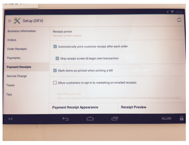 How to handle printed and email customer receipts with the Clover Mini HCM Info
